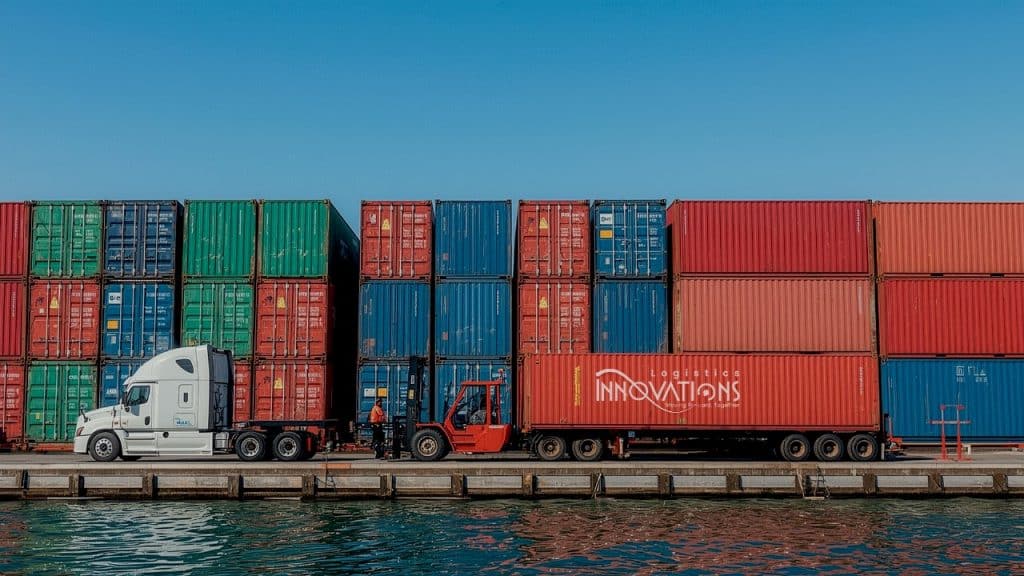 Innovations Logistics drayage truck at port with shipping containers ready for transport